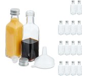 Relaxdays pack botellitas de cristal, 16 mini botellas para rellenar, 50 ml, tapa rosca y tapón, transparente/plateado