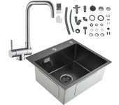 Cecipa max fregadero de cocina 2 en 1 de inox 1 seno negro gris 50x45cm+grifo de cocina plegable, mezclador de fregadero abatible frente a la ventana