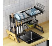 Escurridor de platos sobre el fregadero, 2 niveles, longitud ajustable de 65 cm a 85 cm, organizador de almacenamiento de cocina de acero inoxidable