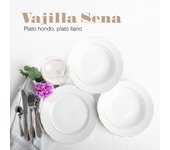 Elegante vajilla sena: 18 piezas de porcelana blanca con filos de oro. perfecta para 6 servicios.