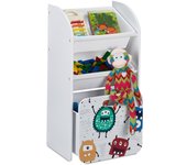 Relaxdays estantería infantil con 3 cajas, monstruos, librería niños con ruedas, 80,5x42,5x30 cm, cajas juguetes, blanco