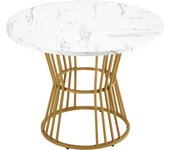 Mesa de cocina moderna redonda con base metálica, motivo mármol, blanco/oro