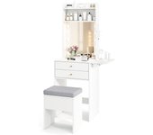 Costway tocador de maquillaje con luz y espejo, carga de estación, taburete con almacenamiento, tocador pequeño de panel plegable con cajones y estant