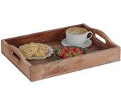 Relaxdays bandeja rectangular, madera de mango, 8x40x30 cm, con asas, borde alto, decorativa, bebida y comida, marrón