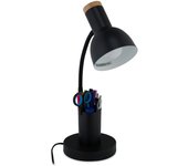 Relaxdays lámpara escritorio con portalápices, flexo estudiar, luz mesita noche, metal, 46,5x14,5x17 cm, e27, negro