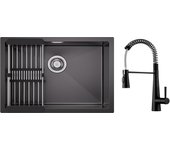 Fregadero de 1 lavabo fregadero de acero inoxidable de 60 × 44 cm con cesto de drenaje + grifo mezclador de resorte con 3 modos de salida de agua