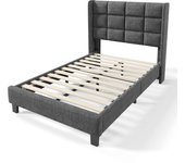 Cama individual con cabecera acolchonada, somier a lamas, 90x200 cm, en lino gris