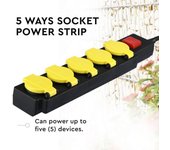 Regleta con cable 3m 5 tomas schuko con tapa e interruptor de luz color negro amarillo ip44