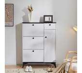 Mueble estrecho para zapatos blanco con 3 estantes, 1 cajón y 1 puerta, dimensiones: h 121 cm / l 90 cm / p 25 cm