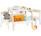 Relaxdays mesa y sillas infantiles, 2 asientos, con almacenaje, muebles niños, minimesa y minisillas, blanco/beige