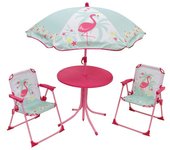 Fun house 713088 flamant rose muebles de jardín con mesa, 2 sillas plegables y sombrilla para niños.