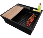 Primagran fregadero cocina todo negro 58x53cm, fregadero granito 1 seno + sifón + accesorios, fregadero sobre encimera al mueble 60cm - oslo pocket