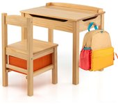 Costway juego de mesa y silla para niños, escritorio infantil con silla y tablero abatible, juego de mesa de actividades de madera maciza, bisagra de