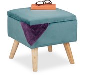Relaxdays taburete de terciopelo con sitio de almacenaje, acolchado, cuadrado, patas madera, 40x40x40 cm, turquesa