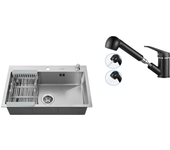 Fregadero cocina cepillado 68x45x19cm con distrusor jabón escurridor cesta+gripo cocina negro con ducha extragible 2 jets a 360°