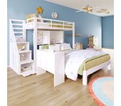Litera infantil 90x200 cm + 140x200 cm - con escalera de almacenamiento y escritorio extraíble - en madera maciza y mdf - blanco