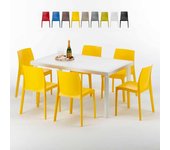 Mesa rectangular blanca 150x90 cm y 6 sillas de colores rome summerlife