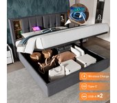 Cama contenedor 140 x 200 cm con cabecero contenedor - tomas usb y tipo c - tejido de algodón - color gris