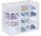 Relaxdays set 12 cajas zapatos pequeñas, talle 45, apilables, calzado, orificios ventilacón, plástico, transparente