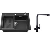 Fregadero de cuarzo y resina negro con escurridor y dispensador de jabón 60*45*20cm + mezclador de fregadero de 3 vías, 2 palancas, negro