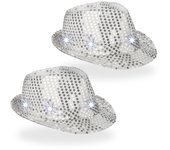 Relaxdays sombreros de fiesta con 6 led y lentejuelas, 3 modos de luz, hombres y mujeres, hora loca, plateado