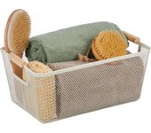 Relaxdays cesta de almacenaje asas madera, rectangular, caja organizadora metal, 16,5x37x22,5cm, cocina, baño, blanco