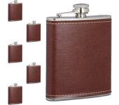 Relaxdays set de 6 petacas, 200ml, petaquita acero inoxidable con funda efecto cuero, botellín de bolsillo, plata/marrón