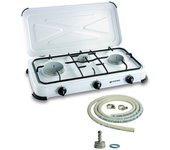 Estufa de gas portátil 3 fuegos 3450w lacado blanco tapa encimera + manguera de gas kemper