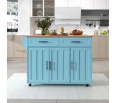 Carrito/mesa de comedor, 129x46(71)x91.5 cm, azul, encimera plegable de madera maciza, ruedas y patas intercambiables de madera maciza