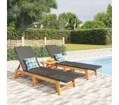 Juego de 2 tumbonas de resina trenzada negro/marrón/madera de acacia