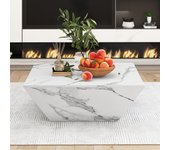 Mesa de centro drum moderna, mesa de salón chapa de mármol blanco, 2 cajones, madera mdf, 70 x 70 x 37 cm