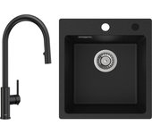 Fregadero de cuarzo y resina fregadero de cuarzo 40x45cm 1 seno negro + grifo de cocina monomando con ducha extraíble, 2 modos de salida de agua, negr
