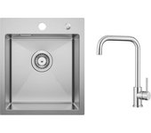Fregadero de cocina 1 seno 40×45 cm fregadero de acero inoxidable cepillado + mezclador de cocina de acero inoxidable cepillado con caño alto y curvo