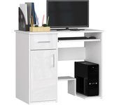 Escritorio: un cajón, 1 puerta, 3 estantes, blanco | blanco brillante, 90 cm, alto: 74 cm, fondo: 50 cm,
