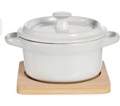 Cazuela ceramica redonda con base bambu 10,5x13,5x8,5 cm. color: blanco dam