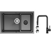 Fregadero de cocina de 1 seno de 68 x 43 cm, color negro, con lavabo empotrado y grifo mezclador con ducha extraíble, color negro