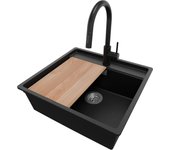 Primagran fregadero granito de esquina negro metallic 56x53cm, fregadero cocina 1 seno + sifón + accesorios, fregadero sobre encimera al mueble 60cm