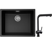 Cecipa max fregadero 1 seno en cuarzo y resina negro gris 55*44*20cm + grifo de cocina con ducha extraíble, mezclador de fregadero negro