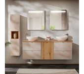Conjunto de muebles doble lavabo 160cm con cesto de ropa y columna manoa cachemira y madera