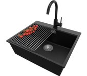 Primagran fregadero granito negro metallic 58x50cm, fregadero cocina 1 seno + sifón + accesorios, fregadero sobre encimera al mueble 60cm - oslo