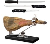 Bello aneto - soporte jamonero basculante en dm negro y acero con cuchillos y chaira