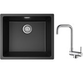 Cecipa max fregadero 1 seno en cuarzo y resina negro gris 50*44*20cm + grifo de cocina abatible mezclador de fregadero abatible cepillado