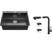 Auralum max fregadero cocina empotrable,1 bandeja,60*49*20cm,acero inoxidable 304,negro+grivería cuisine con ducha extraíble, rotativo 360°, negro