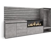 Amueblate online, aparador, con almacenamiento,dormitorio, habitación, chimenea eléctrica, cómoda, cajonera, vestidor abierto, cemento