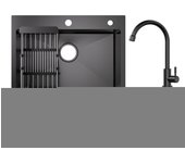 Fregadero de cocina de 1 tazón, fregadero de acero inoxidable negro de 60 × 45 × 18 cm con cesta de drenaje + grifo de cocina de agua fría, negro