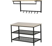 Conjunto de armario 2 en 1, armario de pasillo con banco, armario de pared para entrada, 6 ganchos, natural + negro, 75 x 30 x 45 cm (banco)
