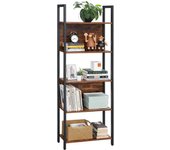 Librería estilo industrial de 5 niveles, con marco de acero estable, marrón rústico y negro, ideal para oficina y sala de estar