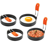 Pack de 4 moldes redondos para huevos fritos, de acero y silicona.