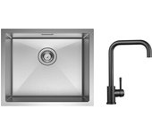 Fregadero de cocina de acero inoxidable cepillado de 1 tazón de 50*44 cm + grifo mezclador de cocina de acero inoxidable negro con caño alto curvo