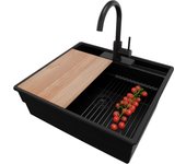 Primagran fregadero granito todo negro 58x53cm, fregadero cocina 1 seno + sifón + accesorios, fregadero sobre encimera al mueble 60cm - new york
